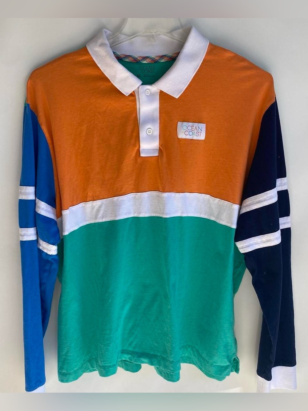 Mens Ocean Coast retro 80s 90s color block rugby shirt long sleeve polo 2XL